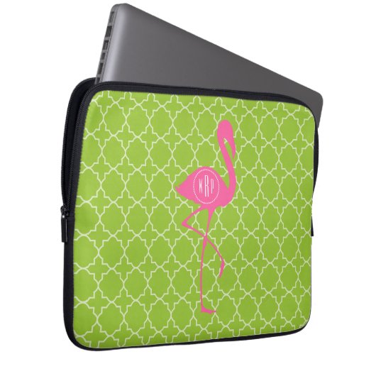 Monogramm-rosa Flamingo Limones grünes Quatrefoil Laptopschutzhülle (Vorne Rechts)