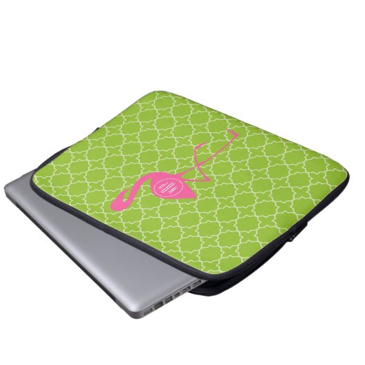Monogramm-rosa Flamingo Limones grünes Quatrefoil Laptopschutzhülle (Vorne Knopf)