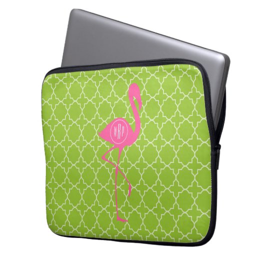 Monogramm-rosa Flamingo Limones grünes Quatrefoil Laptopschutzhülle (Vorderseite Links)