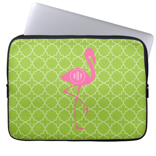 Monogramm-rosa Flamingo Limones grünes Quatrefoil Laptopschutzhülle (Vorderseite)