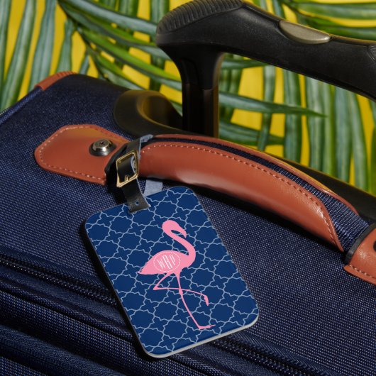 Monogramm-rosa Flamingo-Marine Quatrefoil Gepäckanhänger (Vorderseite Insitu 1)