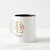 Monogramm rosa Floral Anfangsbuchstabe L Zweifarbige Tasse (Vorderseite Links)