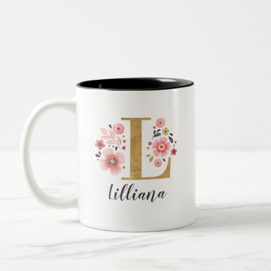 Monogramm rosa Floral Anfangsbuchstabe L Zweifarbige Tasse (Links)