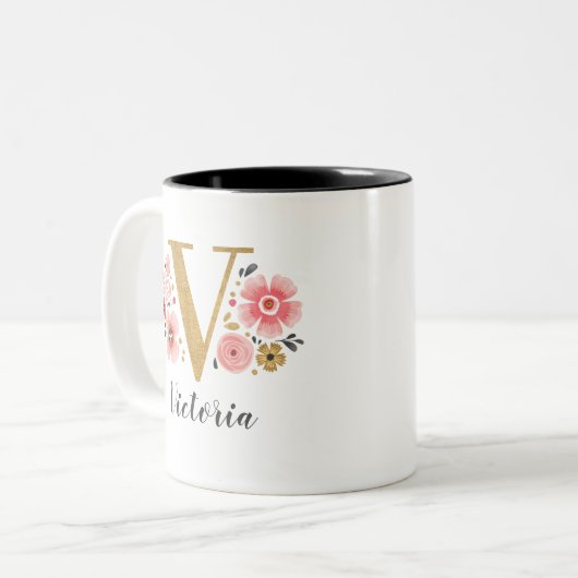 Monogramm rosa Floral Anfangsbuchstabe V Zweifarbige Tasse (Vorderseite Links)