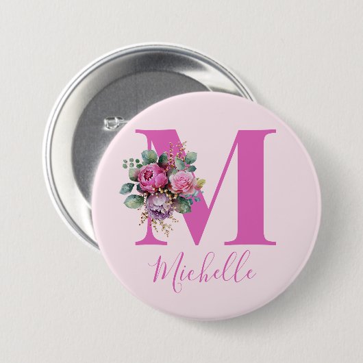 Monogramm Rosa Florale Wasserfarbe Initiale Name Button (Vorne & Hinten)