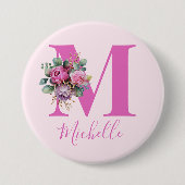 Monogramm Rosa Florale Wasserfarbe Initiale Name Button (Vorderseite)