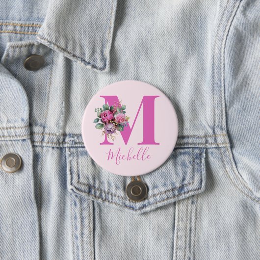 Monogramm Rosa Florale Wasserfarbe Initiale Name Button (Beispiel)