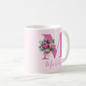 Monogramm Rosa Florale Wasserfarbe Initiale Name Kaffeetasse (VorderseiteRechts)