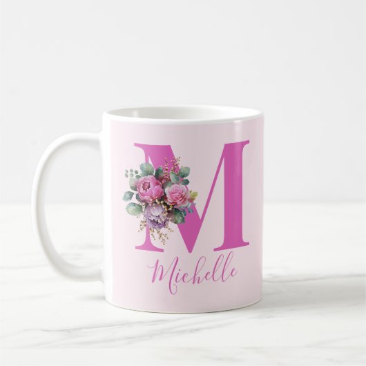 Monogramm Rosa Florale Wasserfarbe Initiale Name Kaffeetasse (Links)