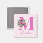 Monogramm Rosa Florale Wasserfarbe Initiale Name Magnet (Vorderseite/Rückseite)