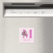 Monogramm Rosa Florale Wasserfarbe Initiale Name Magnet (In Situ (Geschirrspüler))