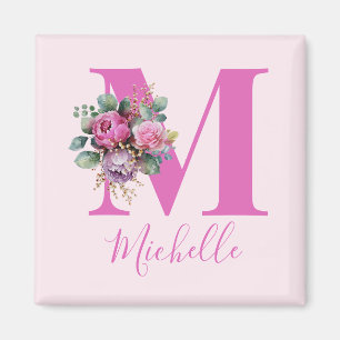 Monogramm Rosa Florale Wasserfarbe Initiale Name Magnet