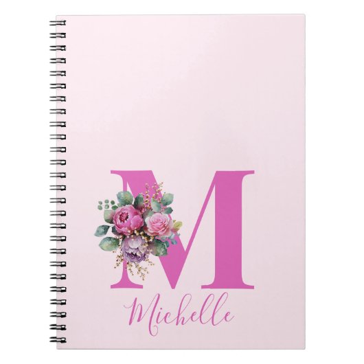 Monogramm Rosa Florale Wasserfarbe Initiale Name Notizblock (Vorderseite)