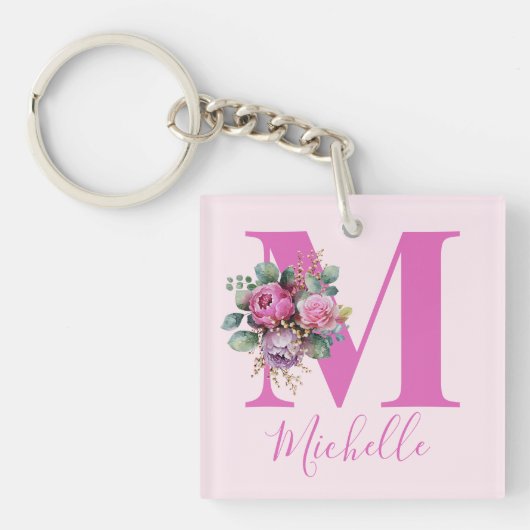Monogramm Rosa Florale Wasserfarbe Initiale Name Schlüsselanhänger (Vorderseite)