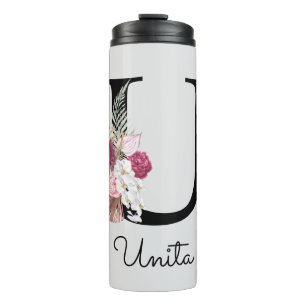 Monogramm Rosa Florales Initial U Thermosbecher