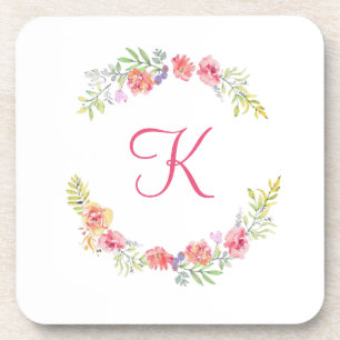 Monogramm Rosa, Gelb und Grün Floral Aquarell  Getränkeuntersetzer