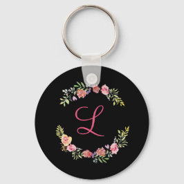 Monogramm Rosa, Gelb und Grün Floral Wasserfarbe  Schlüsselanhänger