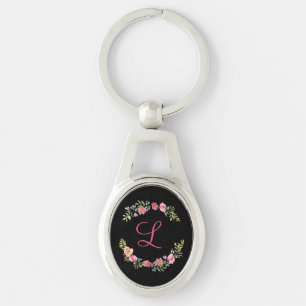 Monogramm Rosa, Gelb und Grün Floral Wasserfarbe Schlüsselanhänger