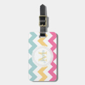 Monogramm-rosa gelber und blauer Zickzack Gepäckanhänger (Vorderseite vertikal)