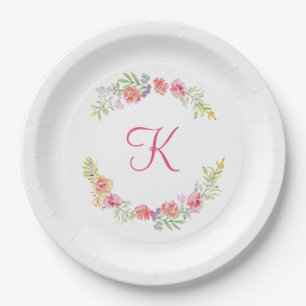 Monogramm Rosa Gelbgrüne Blumenfarbe Pappteller