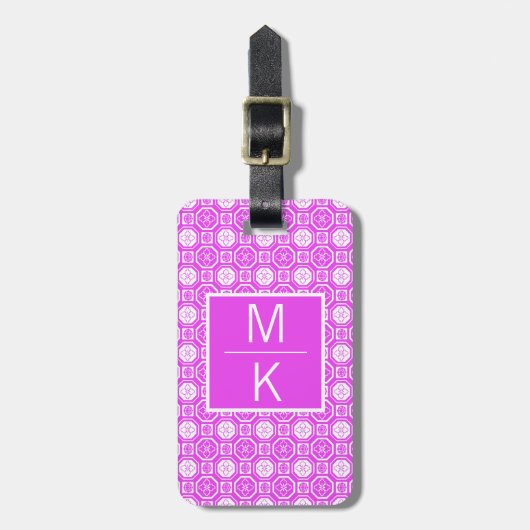 Monogramm Rosa gepolsterte Blume Square Splitter Gepäckanhänger (Vorderseite vertikal)