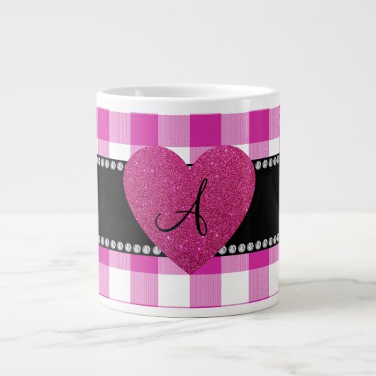 MONOGRAMM Rosa Gingham Muster Herz Jumbo-Tasse (Vorderseite)