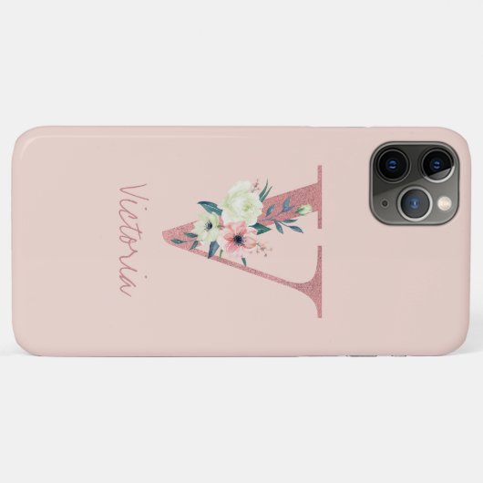Monogramm Rosa Glitzer Blume Letter V Light Pink Case-Mate iPhone Hülle (Rückseite (Horizontal))