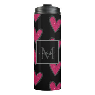 Monogramm Rosa Glitzer Herz Thermosbecher