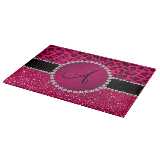 Monogramm rosa Glitzer Nadeln heißen rosa Leopard Schneidebrett (Ecke)