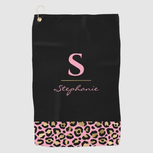 Monogramm Rosa & Gold Leopardenprint | Farbblock Golfhandtuch (Vorderseite)