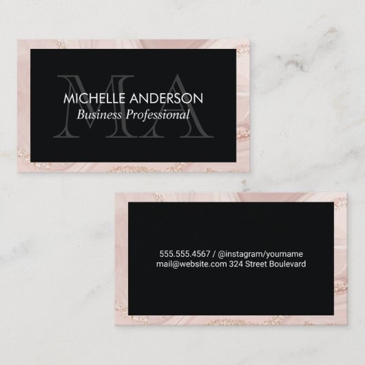 Monogramm | Rosa Goldmarmor Visitenkarte (Vorne/Hinten)