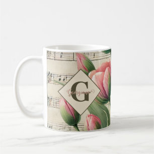 Monogramm Rosa & Grün Vintage Tulpen Notenblatt Kaffeetasse