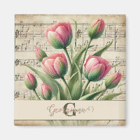Monogramm Rosa & Grün Vintage Tulpen Notenblatt
