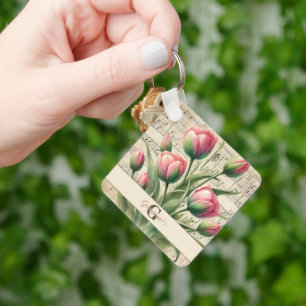Monogramm Rosa & Grün Vintage-Tulpen Notenblatt Schlüsselanhänger