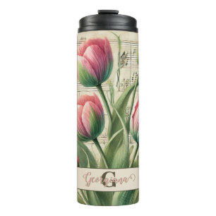Monogramm Rosa & Grün Vintage Tulpen Notenblatt Thermosbecher