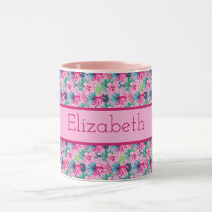 Monogramm Rosa Grüne Blaue Tropische Blumen  Tasse