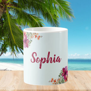 Monogramm-Rosa-Hibiskusblüten Tropisches Floral  Kaffeetasse