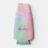 Monogramm rosa holografische Tropfen Flaschenkühler (Vorderseite)