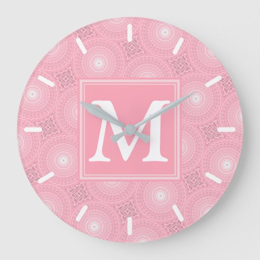 Monogramm-Rosa-Kreismuster Große Wanduhr (Vorderseite)