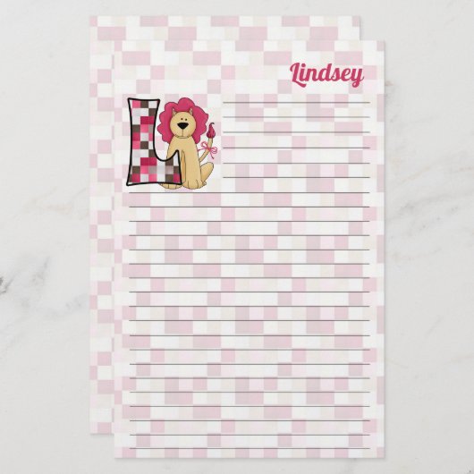 Monogramm Rosa Lion Buchstaben L mit Name Briefpapier (Vorne/Hinten)