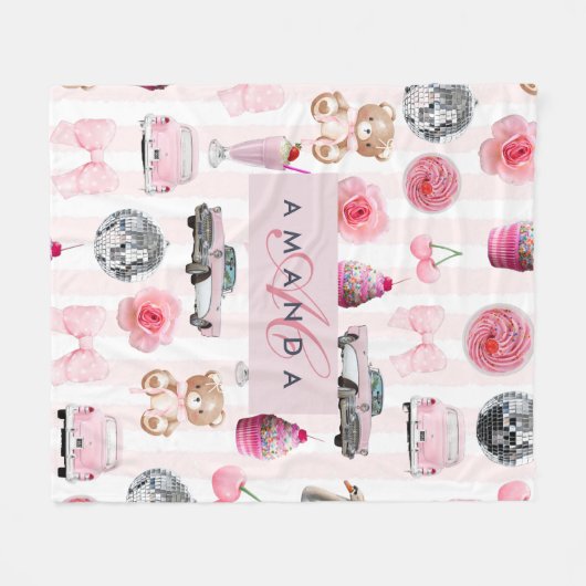 Monogramm Rosa Retro Disco Ball Coquette Fleecedecke (Vorderseite (Horizontal))