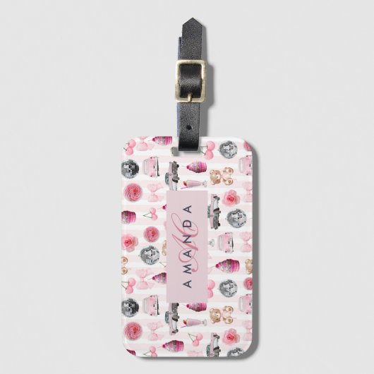 Monogramm Rosa Retro Disco Ball Coquette Gepäckanhänger (Vorderseite Vertikal)