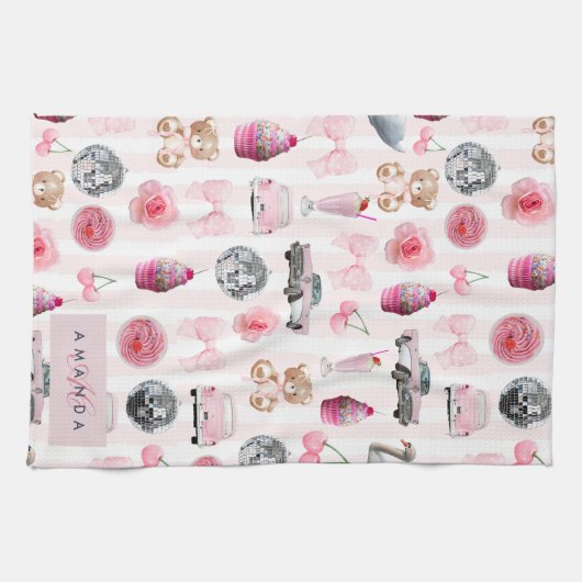 Monogramm Rosa Retro Disco Ball Coquette Geschirrtuch (Horizontal)