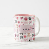 Monogramm Rosa Retro Disco Ball Coquette Zweifarbige Tasse (VorderseiteRechts)