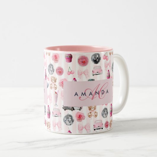 Monogramm Rosa Retro Disco Ball Coquette Zweifarbige Tasse (VorderseiteRechts)