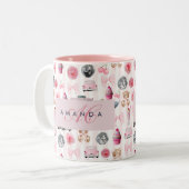 Monogramm Rosa Retro Disco Ball Coquette Zweifarbige Tasse (Vorderseite Links)