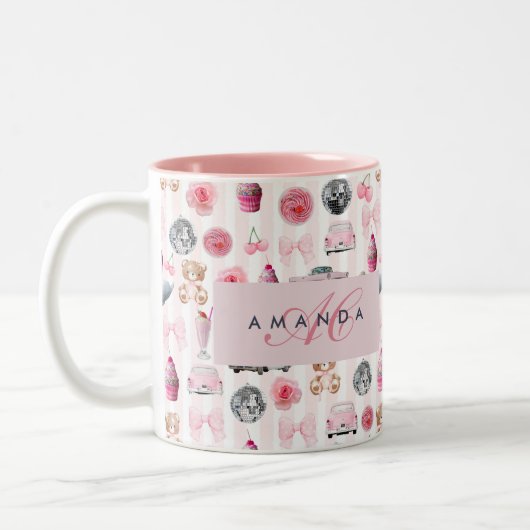 Monogramm Rosa Retro Disco Ball Coquette Zweifarbige Tasse (Links)