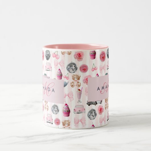 Monogramm Rosa Retro Disco Ball Coquette Zweifarbige Tasse (Mittel)