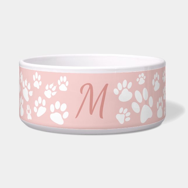 Monogramm, rosa Retro, gescatterter Hundepaw-Ausdr Napf (Vorderseite)