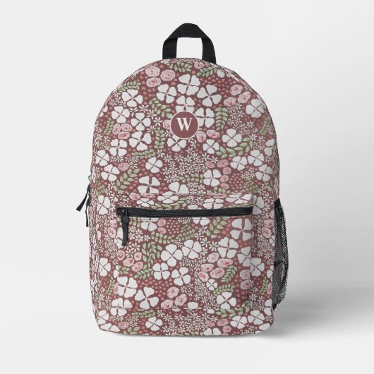 Monogramm Rosa Rosen Weiße Blütengoldfarben Rose Bedruckter Rucksack (Vorderseite)